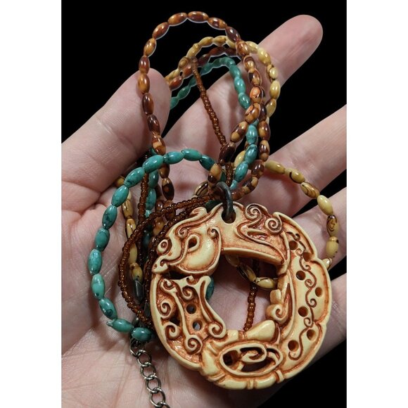 Vintage Tribal Style Brown And Blue Beaded Pendant Necklace - Picture 3 of 6